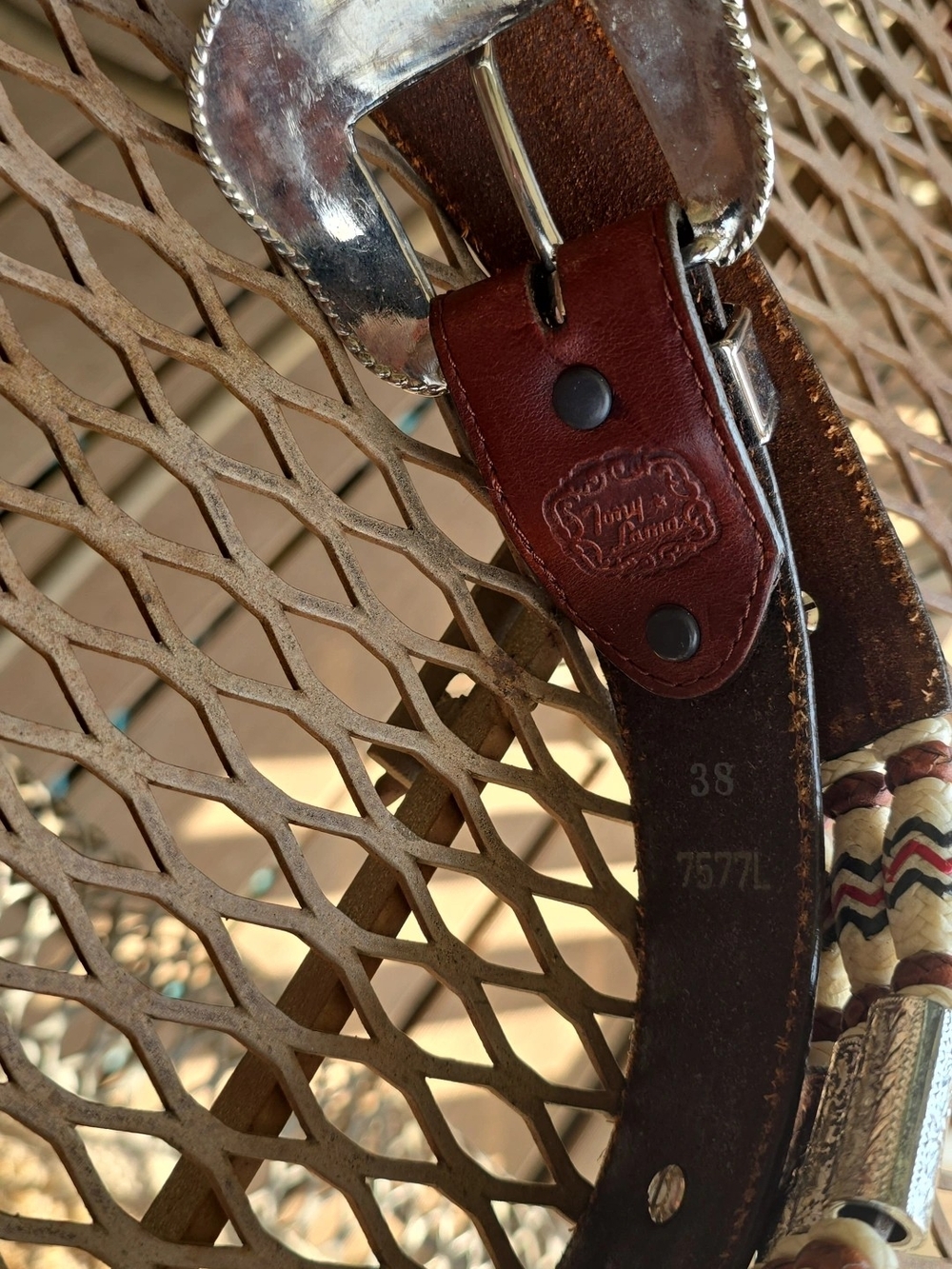 Vintage Leather Western Belt with Silver Conchos and Braided Cream Accents - Picture 2 of 2